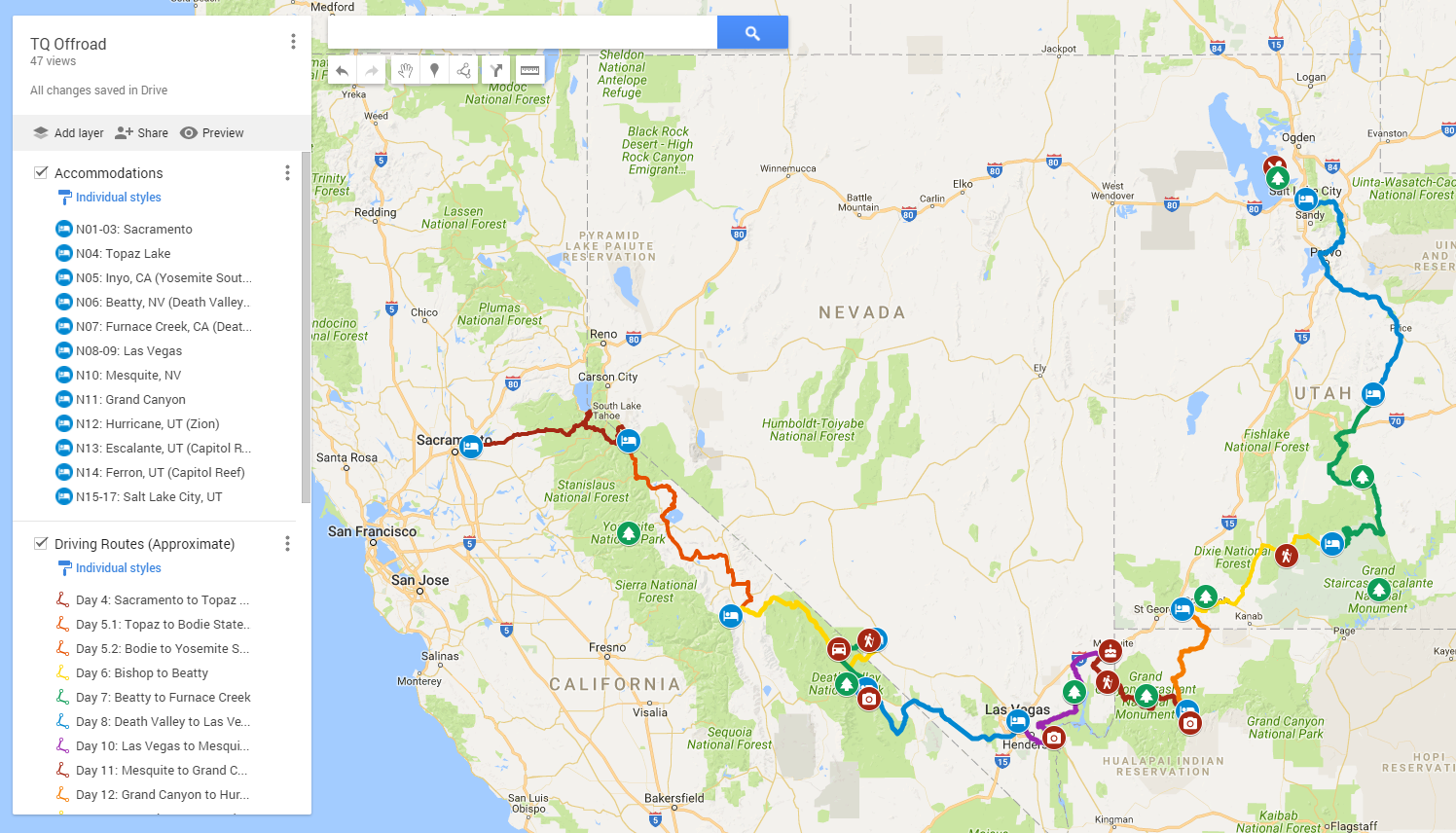 The &ldquo;My Maps&rdquo; map for the roadtrip