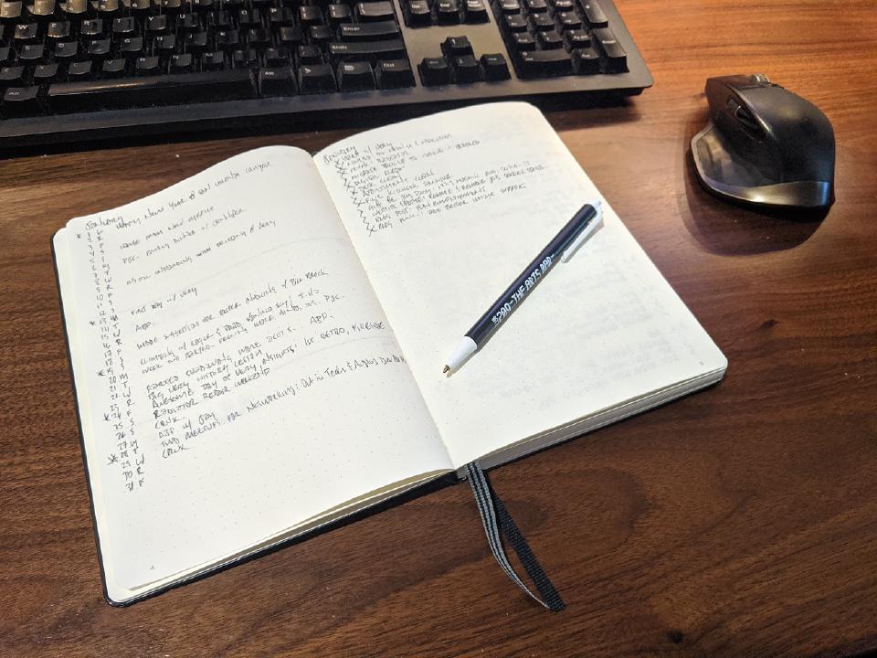 An open notebook with terrible handwriting next to a keyboard and mouse.