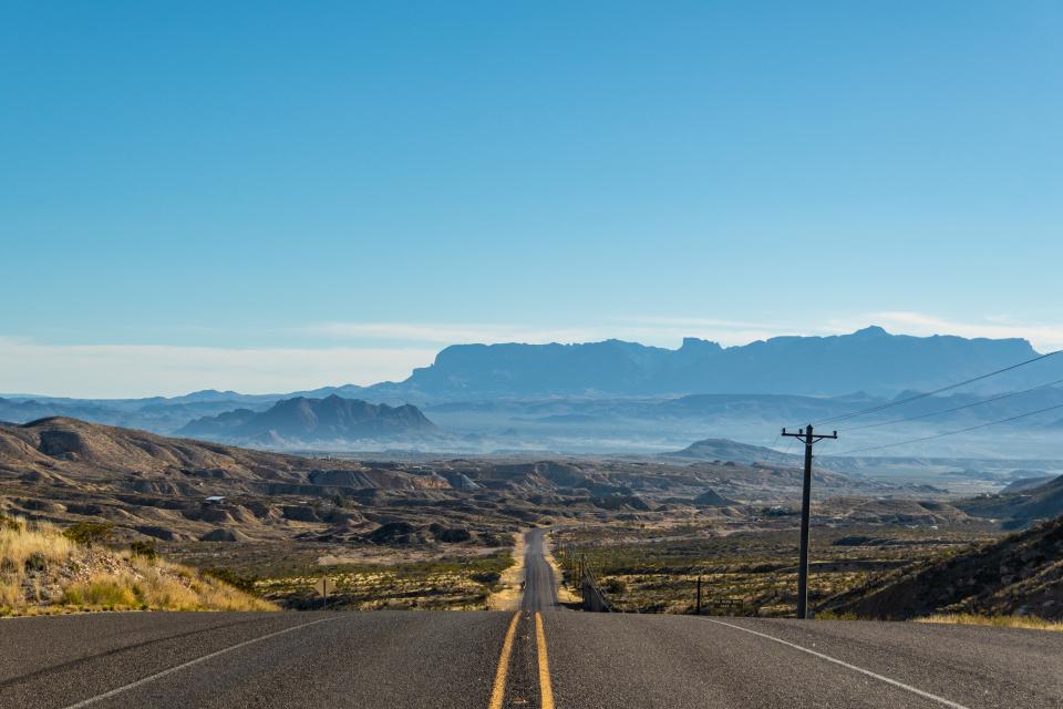 View from a road into a desert valley at Terlingua, Texas