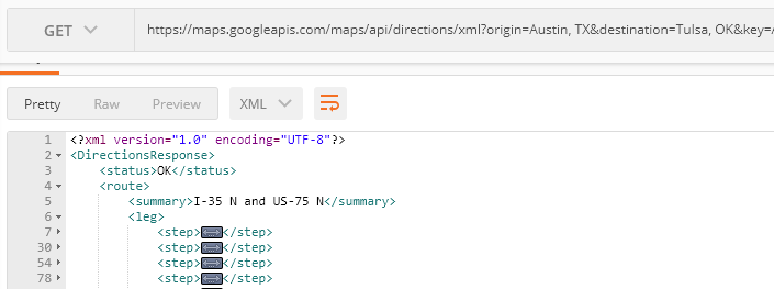 Top of the XML response from GMaps Directions API