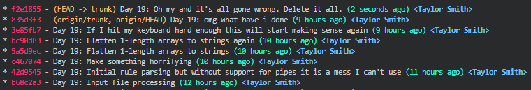 A commit log showing messages in increasing amounts of freakout
