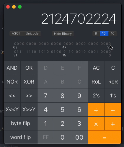 Animation of a binary calculator showing a bit flip at 33