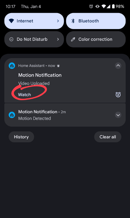 Android notification drawer with an alert that has a Watch action