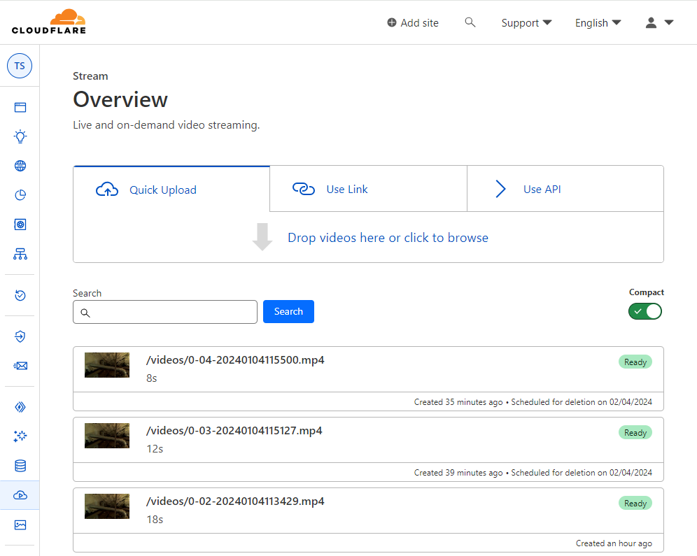 Cloudflare Dash showing a Stream video list